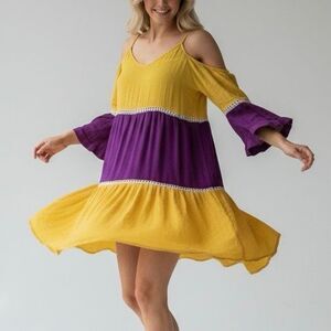 Umgee Mardi Gras Purple Gold Yellow Flowy Cold Shoulder Dress Bell Sleeves S